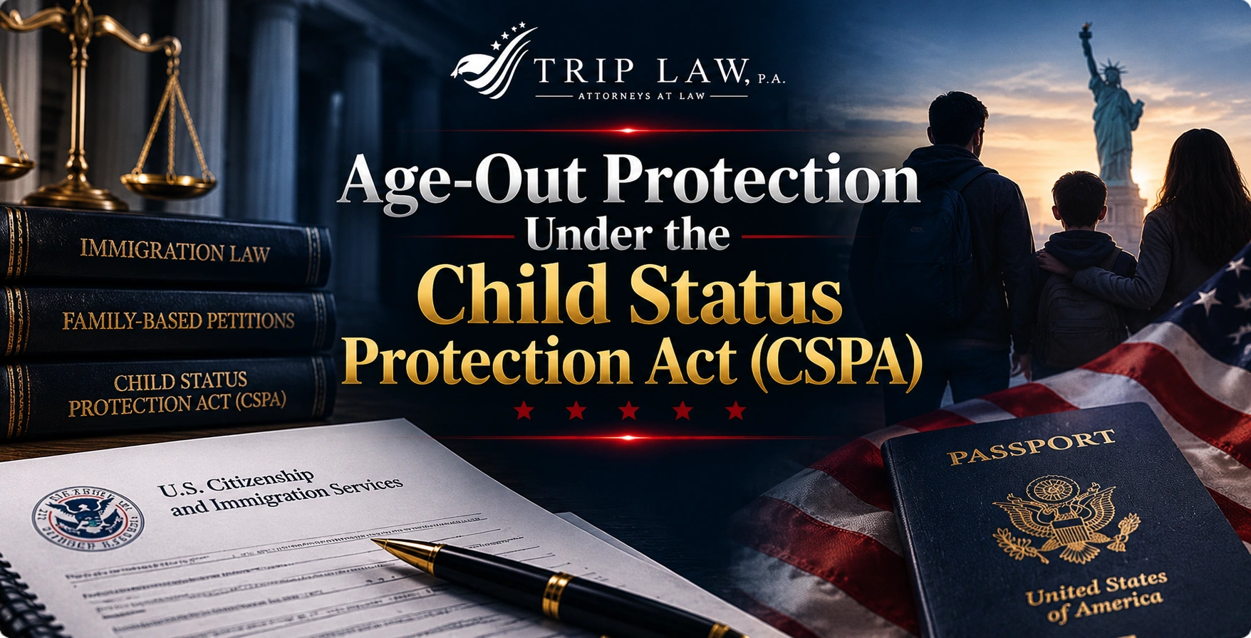 Lawbooks on immigration law and CSPA next to a USCIS form, a passport, and a family looking at the Statue of Liberty.