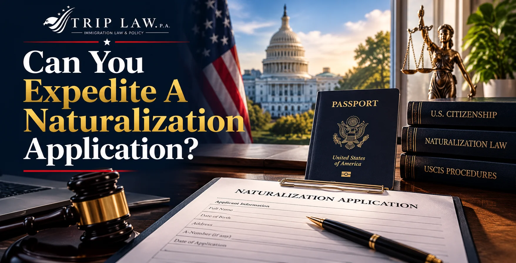 Naturalization application form, a U.S. passport, law books, a gavel, and a Lady Justice statue on a desk with the U.S. Capitol visible through a window.