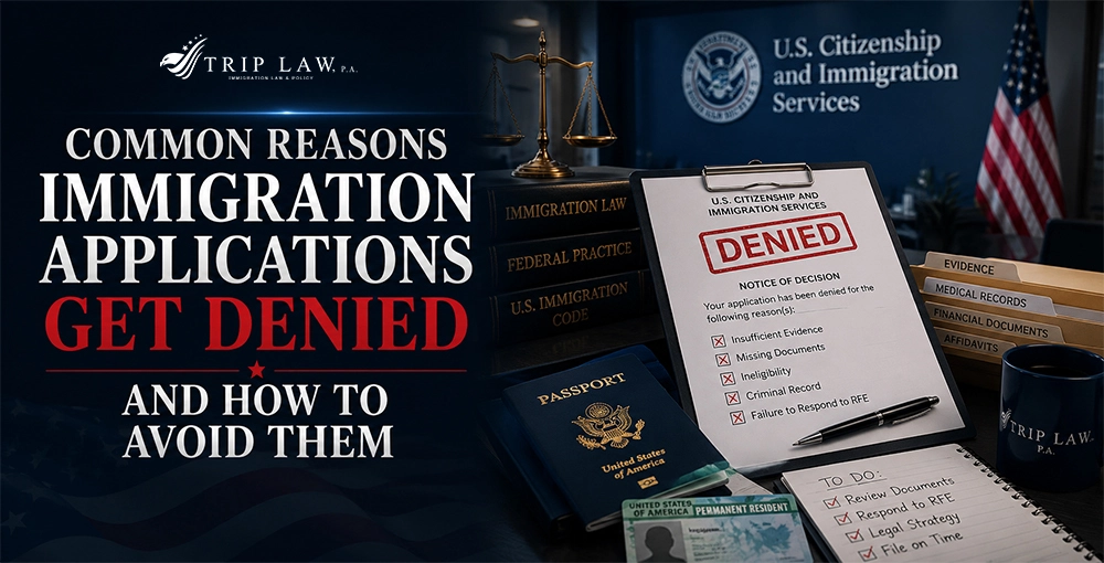 Immigration application denial notice with U.S. Citizenship and Immigration Services documents, passport, legal records, and evidence explaining common reasons for visa or immigration application denial.