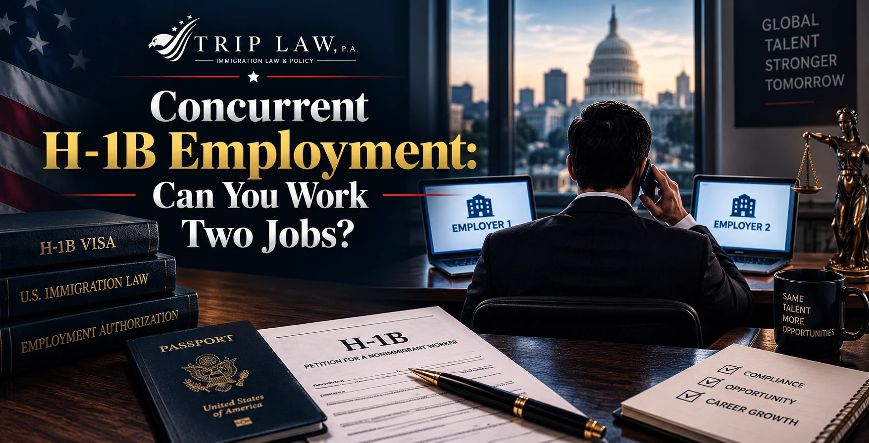 Professional working on two laptops with multiple employers alongside H-1B visa books, a passport, and an H-1B petition form.