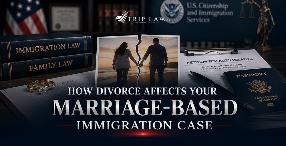 Marriage-based immigration case graphic showing divorce documents, wedding rings, immigration forms, passport, and U.S. immigration law resources.