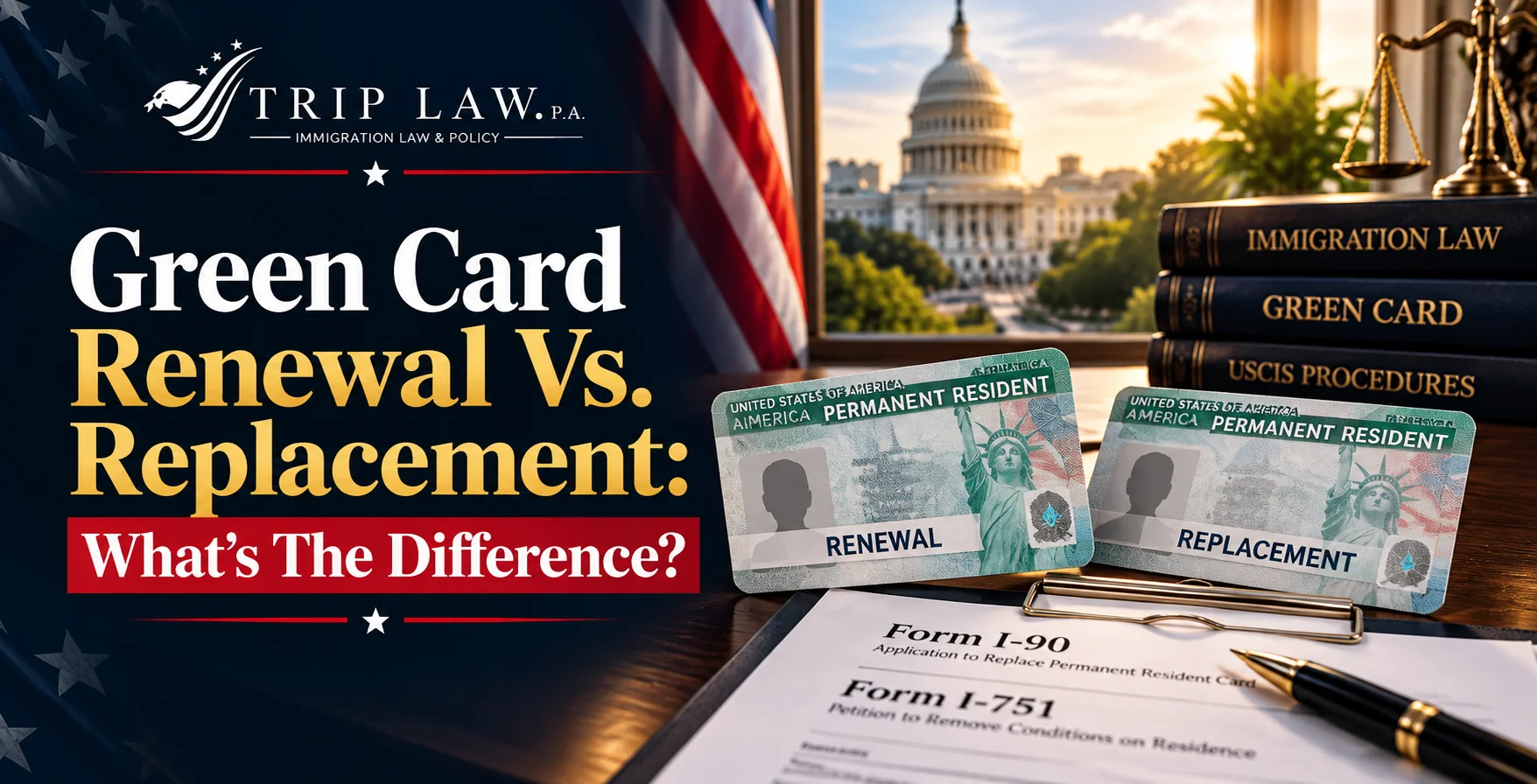 Green card renewal and replacement cards beside Form I-90 and USCIS law books by a window.