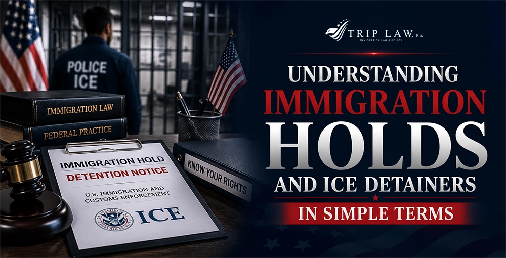 Immigration hold and ICE detainer notice with immigration law books, legal gavel, U.S. flag, and ICE officer near a detention facility.