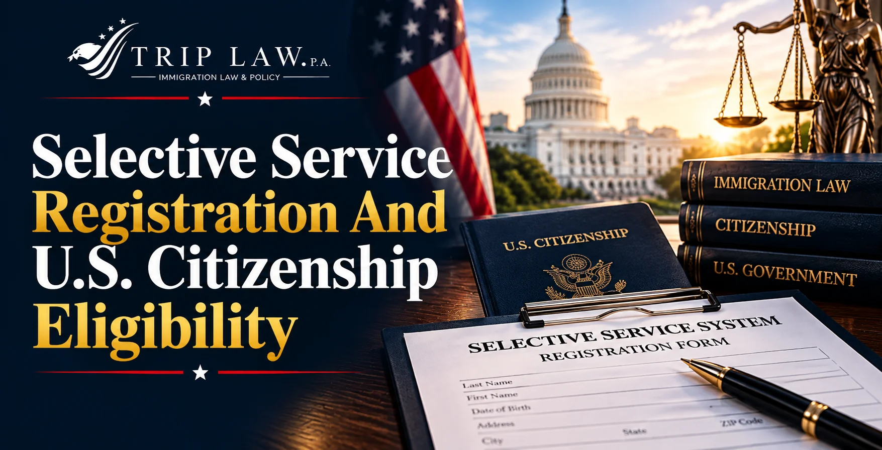 Selective Service registration form with pen, U.S. citizenship book, law books, and Capitol dome.