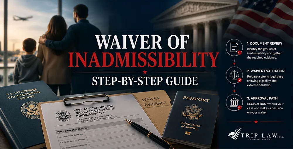 Waiver of inadmissibility application process with immigration forms, passport, and legal guidance for applicants.