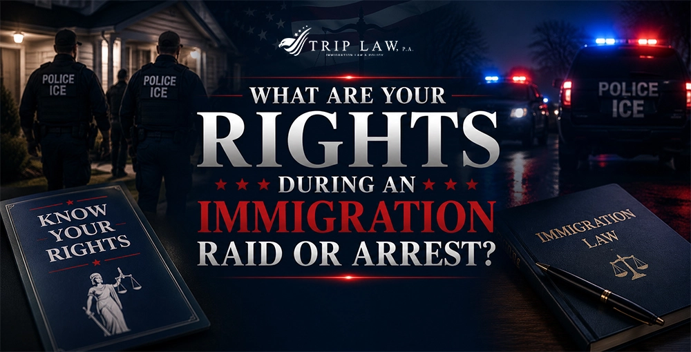Immigration law graphic showing ICE officers, police vehicles, immigration law books, and know your rights materials explaining legal rights during an immigration raid or arrest.